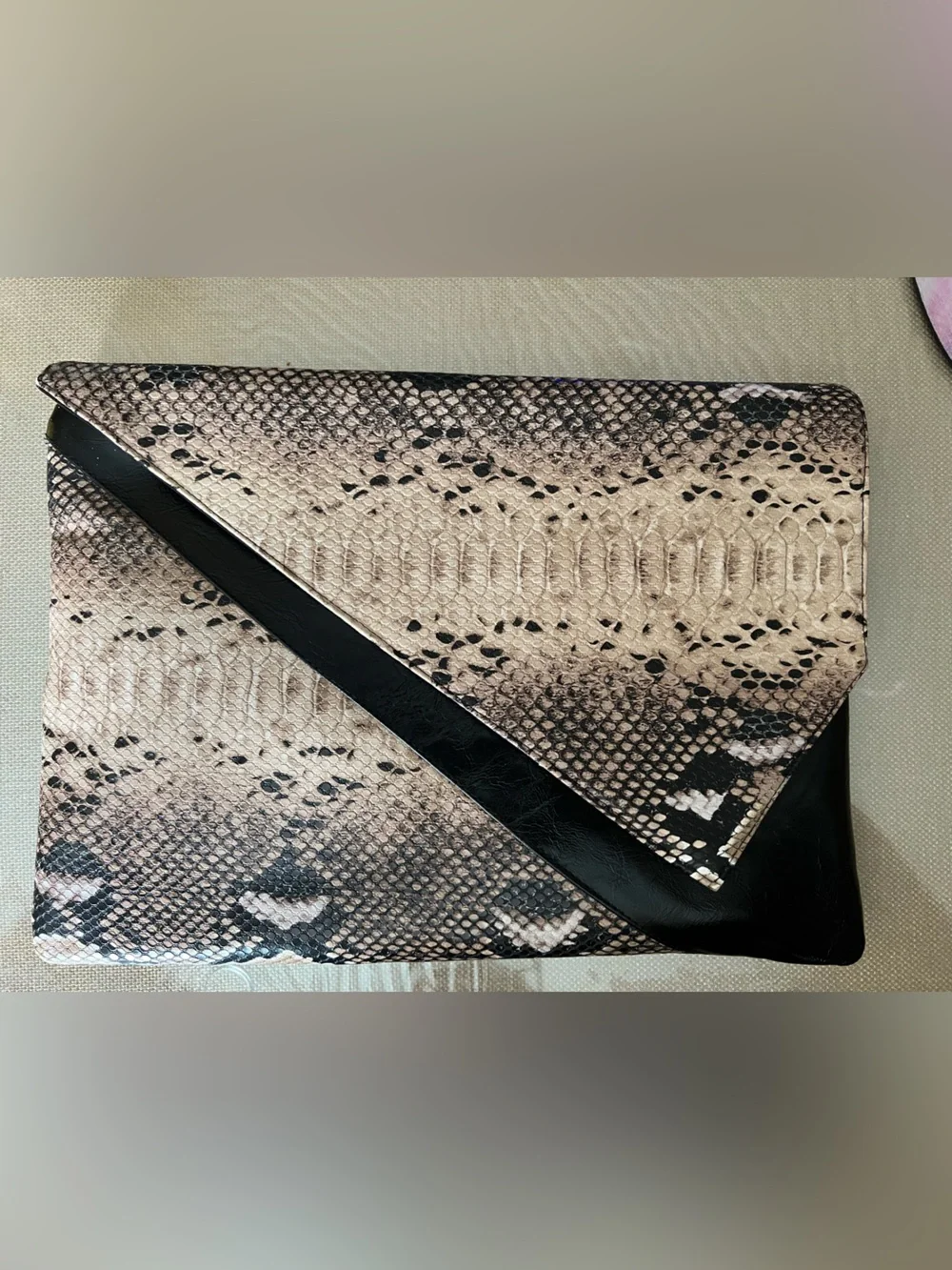 Poppie Jones Black and Beige Snake-Print Envelope Clutch